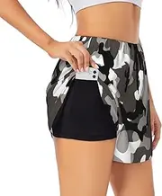 [WURTON] ack Grey White Camo Print Exercise Gym Workout Shorts Women's Athletic Shorts Dual-Layered Yoga Running Shorts