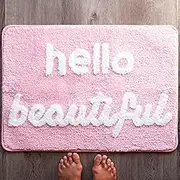 Evovee Hello Beautiful Bath Mat Light Pink White Blush Peach Coral Cute Bathroom Rugs for Girls You Look Good Gorgeous Funny Shower Fun Bathroom Decor Non-Slip Washable Kids Women