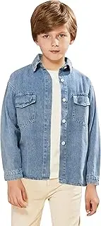 [SOLOCOTE] Boys' Denim Button Down Shirt Long Sleeve Lapel Collar Blouse Lightweight and Casual Top
