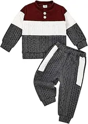 [DOMOABEI] Toddler Baby Boy Outfit Fall Winter Boy Clothes Long Sleeve Color Contrast Sweatshirt Pants Set Boy Outfits 12M-5T