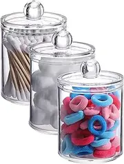3 Pack Qtip Dispenser Holder Jars, Bathroom Vanity Round Storage Organizer Canister, Clear Acrylic Container Box for Cotton Balls Rounds Makeup Sponges Bath Salts Tooth Floss Picks (Style 1, Clear)