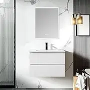 735MM Wall Mounted Bathroom Vanity w/Ceramic Sink, Without Faucet & Pop Up Drain, Storage Cabinet with 15MM Plywood for Home Bathroom Washroom, White