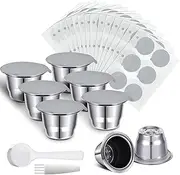 Didaey Reusable Espresso Capsules Stainless Steel Refillable Coffee Pods Reusable Espresso Pods with Aluminum Foil Seals Stickers Lids Compatible with Nespresso Machines (6 Cups, 204 Lids)