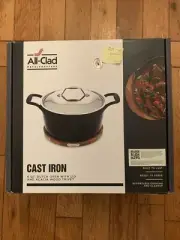 All-Clad Cast Iron Enameled Dutch Oven with Acacia Wood Trivet 6 Qt. New