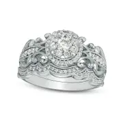 0.63 CT. T.W. Natural Diamond Frame Filigree Antique Vintage-Style Bridal Engagement Ring Set in Solid 10K White Gold
