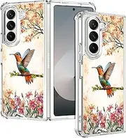 [SuzaCase] Clear Case for Samsung Galaxy Z Fold 5 - Samsung Z Fold 5 5G Case with Stylish Humming Bird Floral Printed Durable Clear Shockproof Drop Protection Back Case/Cover for Samsung Z Fold5