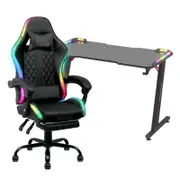 Advwin Gaming Office Desk 120cm LED Light & Gaming Chair with Footrest LED Light Black