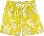 [RPLIFE] Kids Swimming Trunks, Anti Chafe Swim Trunks for Boys 2 T, White Hibiscus Flowers Yellow