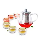 Tea Set- Heat Resistant Glass Teapot & Stainless Steel Strainer+6xCups