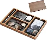[Peosaard] Catch All Tray, Wooden Valet Tray with Leather Inlay, 12x8 Compartment Night Stand Organizer for Men Women, Catch All Tray for Keys, Phone, Wallet, Watch, Earbuds Gift, Valet Tray for Men