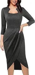 [VFSHOW] Womens Square Neck Work Ruched Front Slit Business Office Party Dress Church Bodycon Sheath Midi Pencil Dress