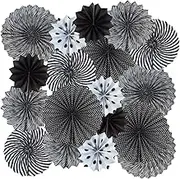 18pcs Black White Round Paper Fans Set - Decorative Pattern Folding Fan Garlands for Halloween, Birthday, Wedding, Graduation Events Accessories
