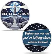 Inspirational Challenge Coin - Lighthouse Design with Motivational Message "Belief + Action" and Quote by Theodore Roosevelt - Encouragement Gift for Personal Growth and Determination