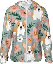 [LHBWCVN] UPF 50+ Light Jacket Full Zip Sun Protection Hoodie for Women Men Long Sleeve Corgi Floral Flowers Spring Garden Sun Shirts