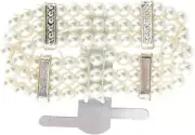 Wristlet White pearl 3 strand Silver Rhinestone Stretch Band Corsage formal