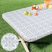 misaya Rectangle Vinyl Table Cloth, Elastic Fitted Flannel Backed Tablecloth, 100% Waterproof Plastic Table Cover Fits 4 Foot Folding Tables for Picnic, Camping, Outdoor (Silver Grey, 30" x 48")
