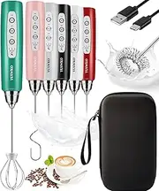[YUSWKO] Rechargeable Milk Frother for Coffee, Handheld Drink Mixer with 3 Heads 3 Speeds, Ideal Coffee Frother Wand for Travel - Green