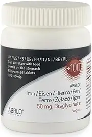 ABBLO Iron 50mg. BISGLYCINATE 100 Tabl. - Strong Iron - 1 Tablet a Day is Sufficient.