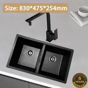 830*475*254mm Kitchen Sink Laundry Black Granite Stone Sinks Double Bowls Basin [44-GS8348B]