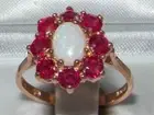 14k Rose Gold Natural Opal & Ruby Womens Cluster Ring - Sizes 4 to 12