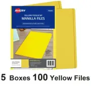 Avery 81542 Manilla Folders Yellow Foolscap F/C 186gsm 100 Files x 5 Bulk Deal