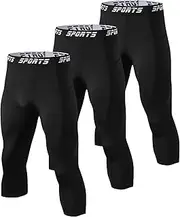 3 Pack Mens 3/4 Compression Pants with Pocket, Quick Drying & Breathable Athletic Leggings, Running Workout Tights Sports Base Layer