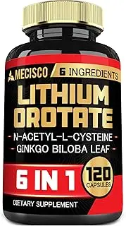 6in1 Lithium Orotate Supplement 18400mg - Added N-Acetyl-L-Cysteine, Ginkgo Biloba, Rhodiola Rosea, Bacopa, Gotu Kola - Support Mood, Brain Health & Mental Sharpness - 120 Capsules for 2-Month Supply