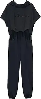 [Perfeclan] Women's Two Piece Outfit Short Sleeve Pullover with Drawstring Long Pants Tracksuit Jogger Set