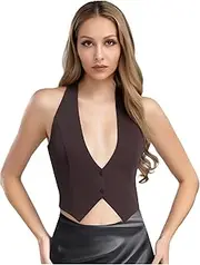 [Yhong] Women's Casual V Neck Button Front Crop Top Vest Summer Sleeveless Sexy Halter Backless Waistcoat Jacket