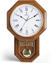 Verona Traditional Wood Pendulum Wall Clock with Glass Front - Elegant & Decorative Clock with Light Brown Finish ? 18 x 11.25 x 2.75 inch ? Quartz Movement Battery Operated & Non-chiming