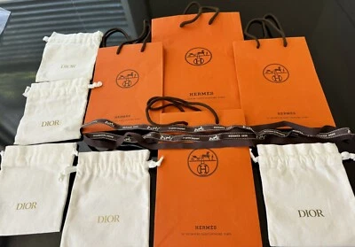 Hermes 4 Empty Shopping Paper Bags Ribbon 5 Dior White Drawstring Dust Bag Pouch