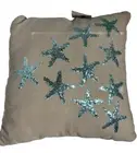 Pillow W/ Blue Sequined Starfish 16 X 16 Coastal Beach Nautical Theme