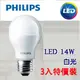 PHILIPS 飛利浦純淨光LED球泡燈14瓦E27 6500K白光 特價3入裝