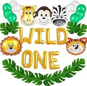 Balloon Paradise Jungle Theme Animals Wild one Foil Balloons Kit Party Decoration, Green,White