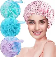Bath Sponge Shower Loofahs: 3PCS Extra Large Bath Pouf Body Scrubber - Shower Loofah Pack for Women Body Wash & Exfoliating, 1PCS Reusable Waterproof Shower Cap (Colors).