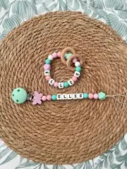 Personalised Beaded Dummy Clip, Silicone Baby Teething ring Teether toy GIFT SET