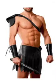Mens Real Cowhide Leather Black Roman Gladiator Kilt Set with Gauntlets LARP