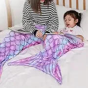 Kids Mermaid Tail Blanket - Girls Teens Mermaid Toys - Flannel Mermaid Blanket Gifts for Girls - Mermaid Scale Sleeping Bag- Purple Tail 17.7"×51"