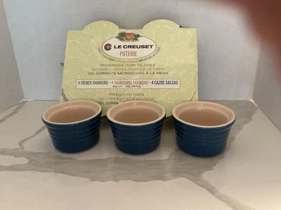 Le Creuset Cobalt Blue Stackable Stoneware Ramekin Custard Cups Lot of 3- NIB