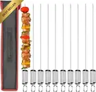 10 Pcs 17" BBQ Skewers, Stainless Steel Flat Kebab Skewers with Pusher