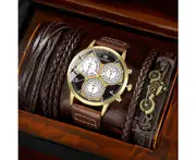 5pcs Set Mens Watch Luxury Bracelet Set Fashion Business Brown Leather Quartz Wrist Watches For Men Set