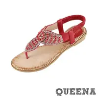 在飛比找momo購物網優惠-【QUEENA】坡跟涼鞋 夾腳涼鞋/波西米亞民族風華麗撞色美