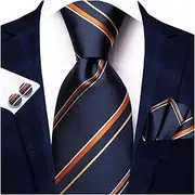 [VSOLS] Men's Blue Black Striped Tie 3.4" Tie Pocket Square Cufflinks Wedding Party Silk Tie Set (Color : SN-3421, Size : 59.06 * 3.35in)
