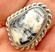 Navajo White Buffalo Turquoise Ring Size 7.5 Sterling Silver 10.5g Handmade