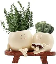 Smily Face Plant Pot, Cute Resin Double Head Planter with Drainage Hole, Novelty Design Chair Succuent Flower Pot, Modern Lady Head Vase Girl Face Planter, Desk Decor Planter for Home or Garden Décor