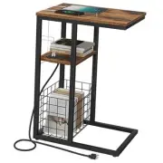C Shaped End Table with Charging Station, Side Table for Couch, Small Side