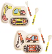 Kids Plate Set, 3-Piece Set - Child Portion Control (Excavator+Hook Truck)
