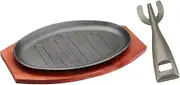 PETSOLA 8"/10"/12" Cast Iron Sizzling Steak Plate with Handle and Wooden Base for Kitchen Cooking Accessory for Pan Grilling Meats Seafood, 12inch