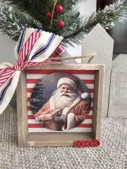 Santa Claus Wood Framed Plaque Sign For Shelf Or Tray With Hangers
