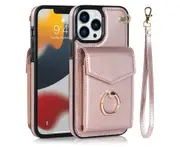 For iPhone 13 Pro Wallet Case with RFID Credit Cards Holder and Wrist Strap - Rose Gold